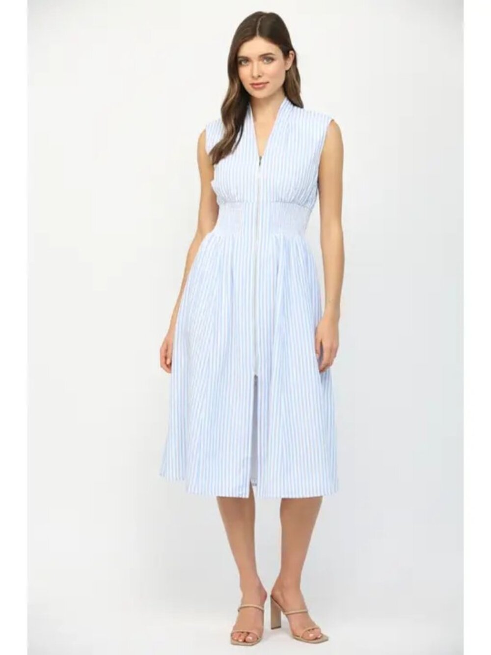 Fate Boutique Light Blue Seersucker Stripe Zip-Front Midi Dress